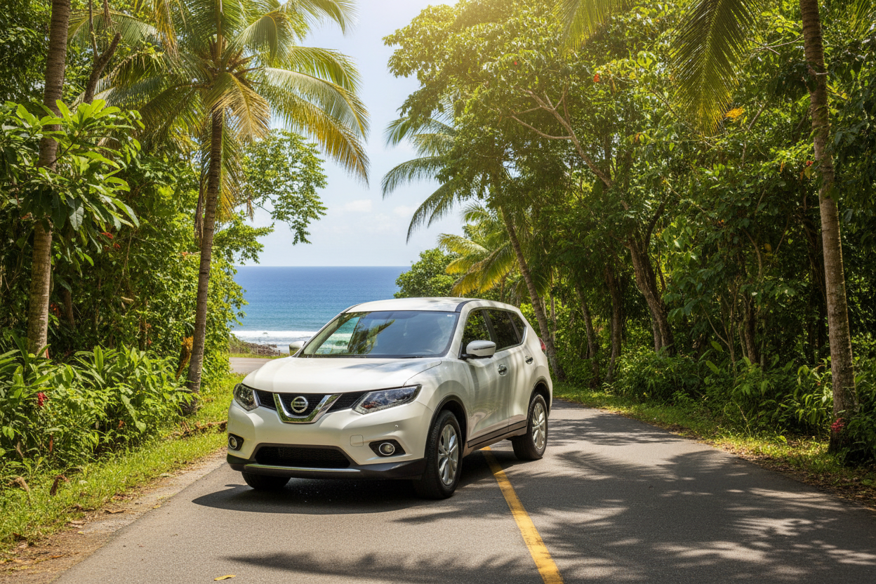 White SUV Tropical Road